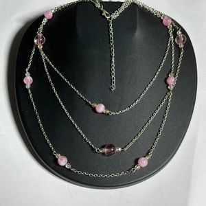 Soft Pink Beads & Silver Tone Chain Layered Station Necklace Multi Strand